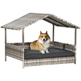 Wicker Dog House Outdoor with Canopy, Rattan Dog Bed with Water-resistant Cushion for Small and Medium Dogs