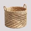 Round Water Hyacinth Seagrass Woven Basket with Handles - 15" x 15" x 15" - Natural Brown - For Clothes, Towels, Canvas